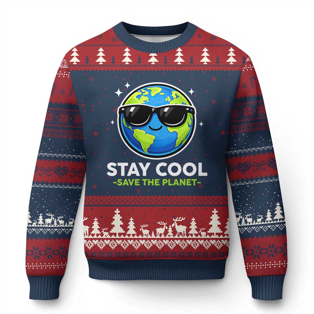 Stay Cool Save The Planet Eco-Friendly Earth Day Ugly Christmas Sweater Cute Cartoon Globe with Sunglasses for Environmental Awareness