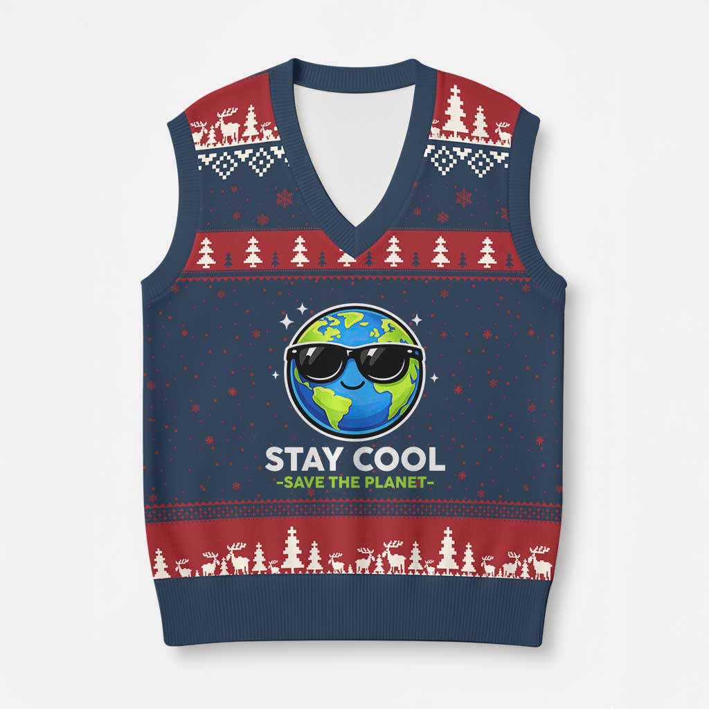 Stay Cool Save The Planet Eco-Friendly Earth Day V-Neck Knit Sweater Vest Cute Cartoon Globe with Sunglasses for Environmental Awareness
