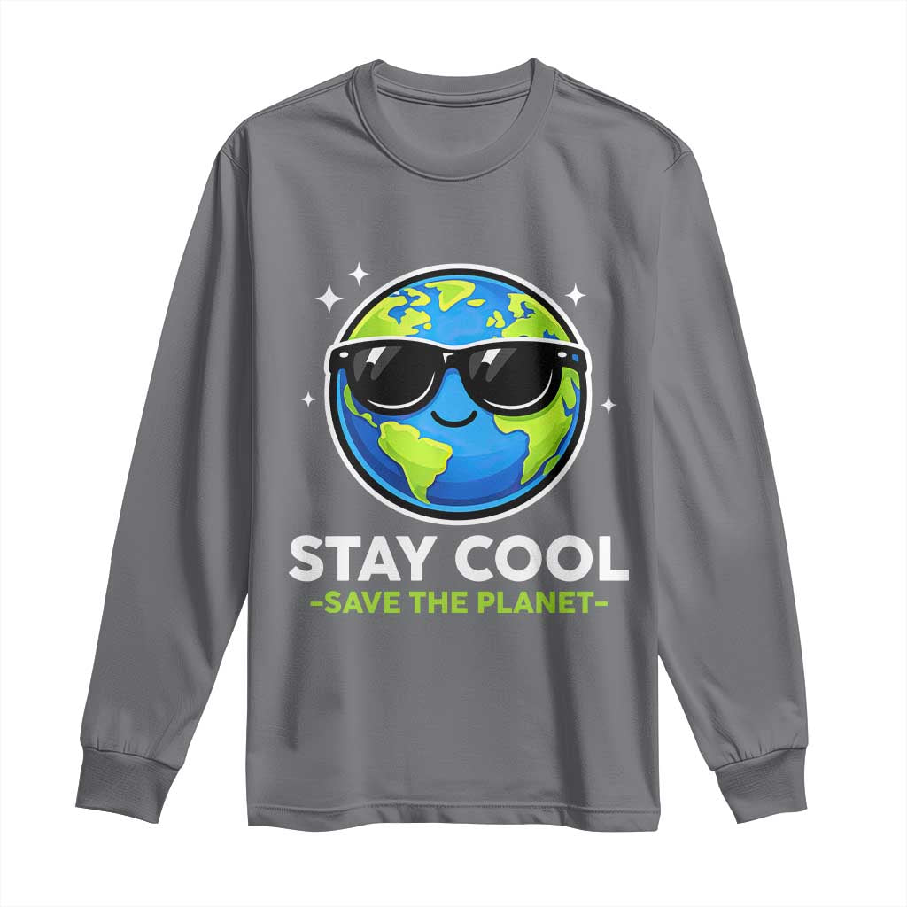 Stay Cool Save The Planet Eco-Friendly Earth Day Long Sleeve Shirt Cute Cartoon Globe with Sunglasses for Environmental Awareness
