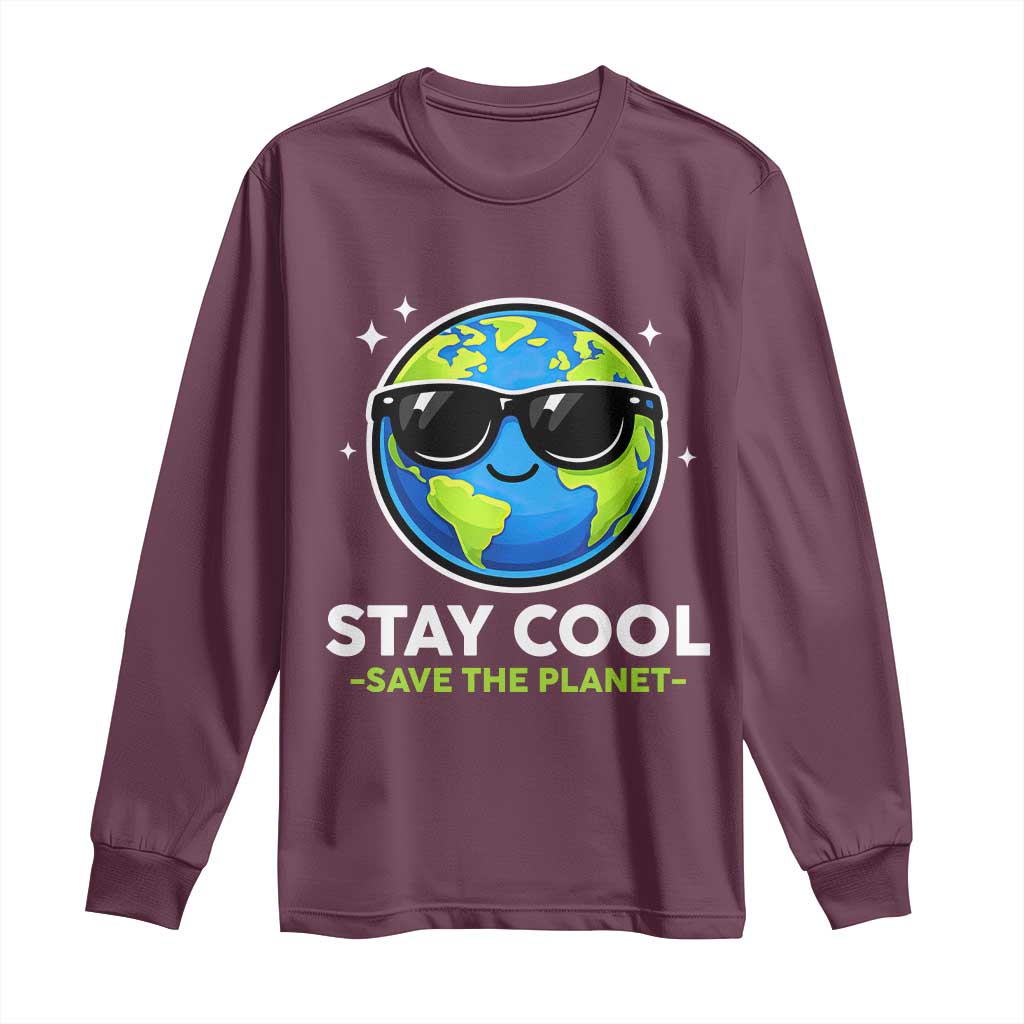 Stay Cool Save The Planet Eco-Friendly Earth Day Long Sleeve Shirt Cute Cartoon Globe with Sunglasses for Environmental Awareness