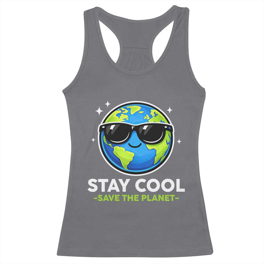 Stay Cool Save The Planet Eco-Friendly Earth Day Racerback Tank Top Cute Cartoon Globe with Sunglasses for Environmental Awareness