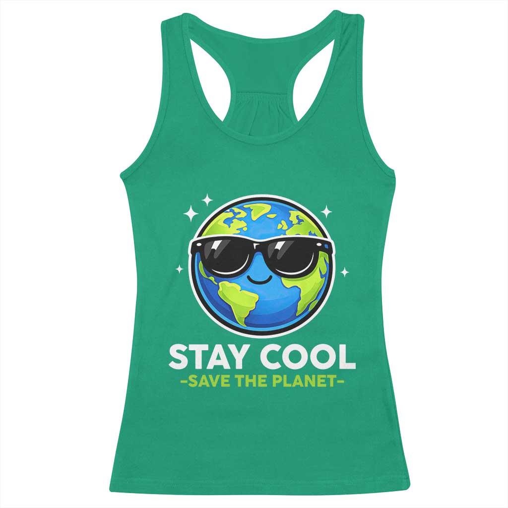 Stay Cool Save The Planet Eco-Friendly Earth Day Racerback Tank Top Cute Cartoon Globe with Sunglasses for Environmental Awareness
