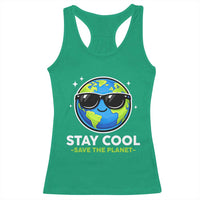 Stay Cool Save The Planet Eco-Friendly Earth Day Racerback Tank Top Cute Cartoon Globe with Sunglasses for Environmental Awareness