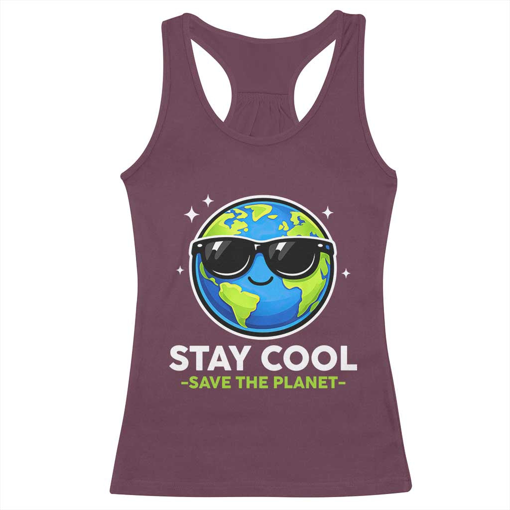 Stay Cool Save The Planet Eco-Friendly Earth Day Racerback Tank Top Cute Cartoon Globe with Sunglasses for Environmental Awareness