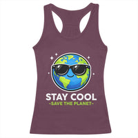 Stay Cool Save The Planet Eco-Friendly Earth Day Racerback Tank Top Cute Cartoon Globe with Sunglasses for Environmental Awareness