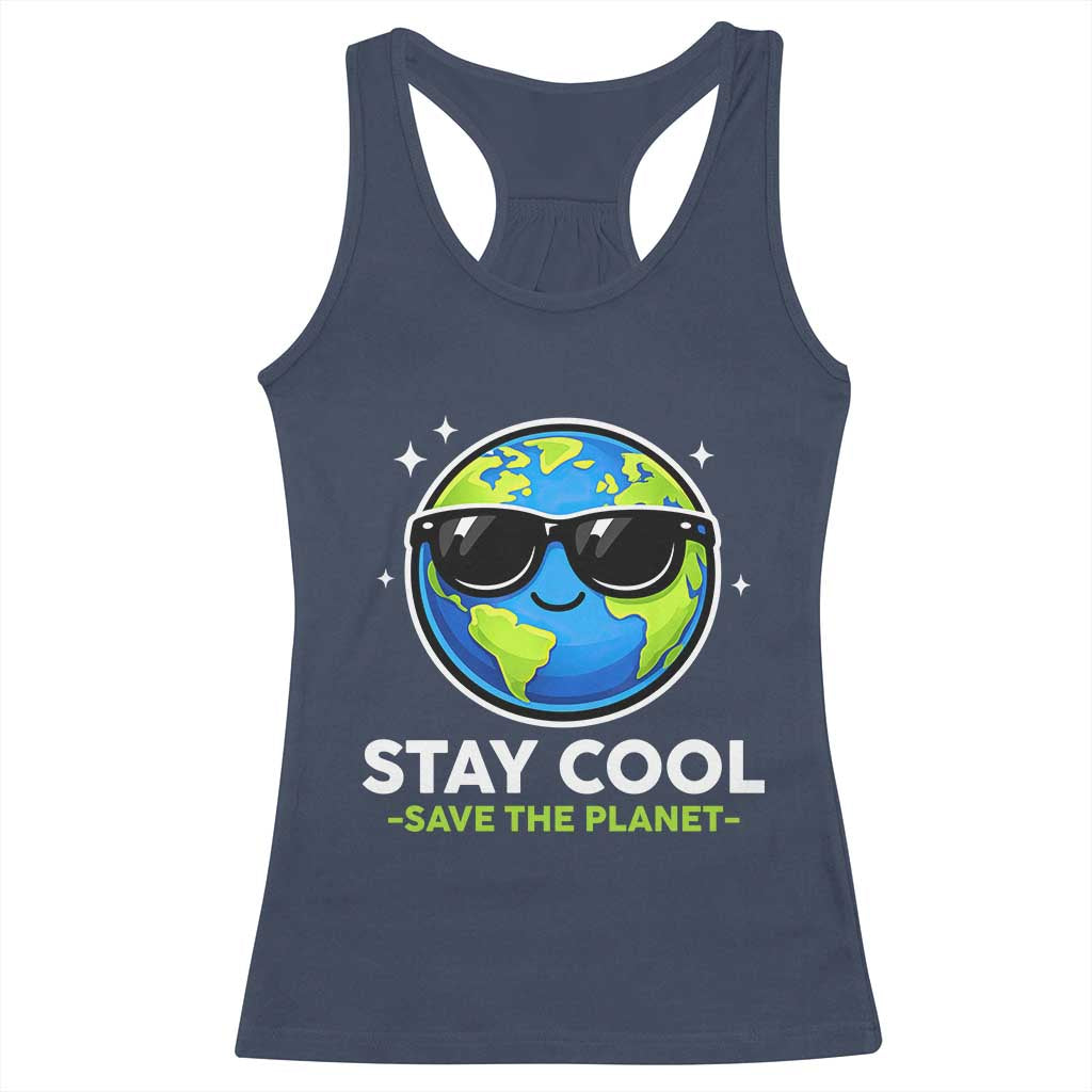 Stay Cool Save The Planet Eco-Friendly Earth Day Racerback Tank Top Cute Cartoon Globe with Sunglasses for Environmental Awareness