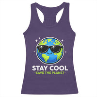 Stay Cool Save The Planet Eco-Friendly Earth Day Racerback Tank Top Cute Cartoon Globe with Sunglasses for Environmental Awareness