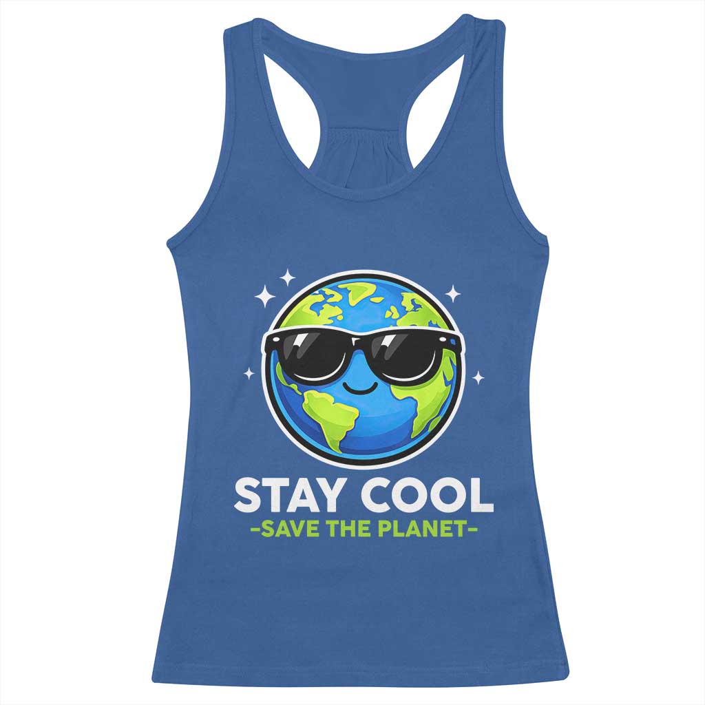 Stay Cool Save The Planet Eco-Friendly Earth Day Racerback Tank Top Cute Cartoon Globe with Sunglasses for Environmental Awareness