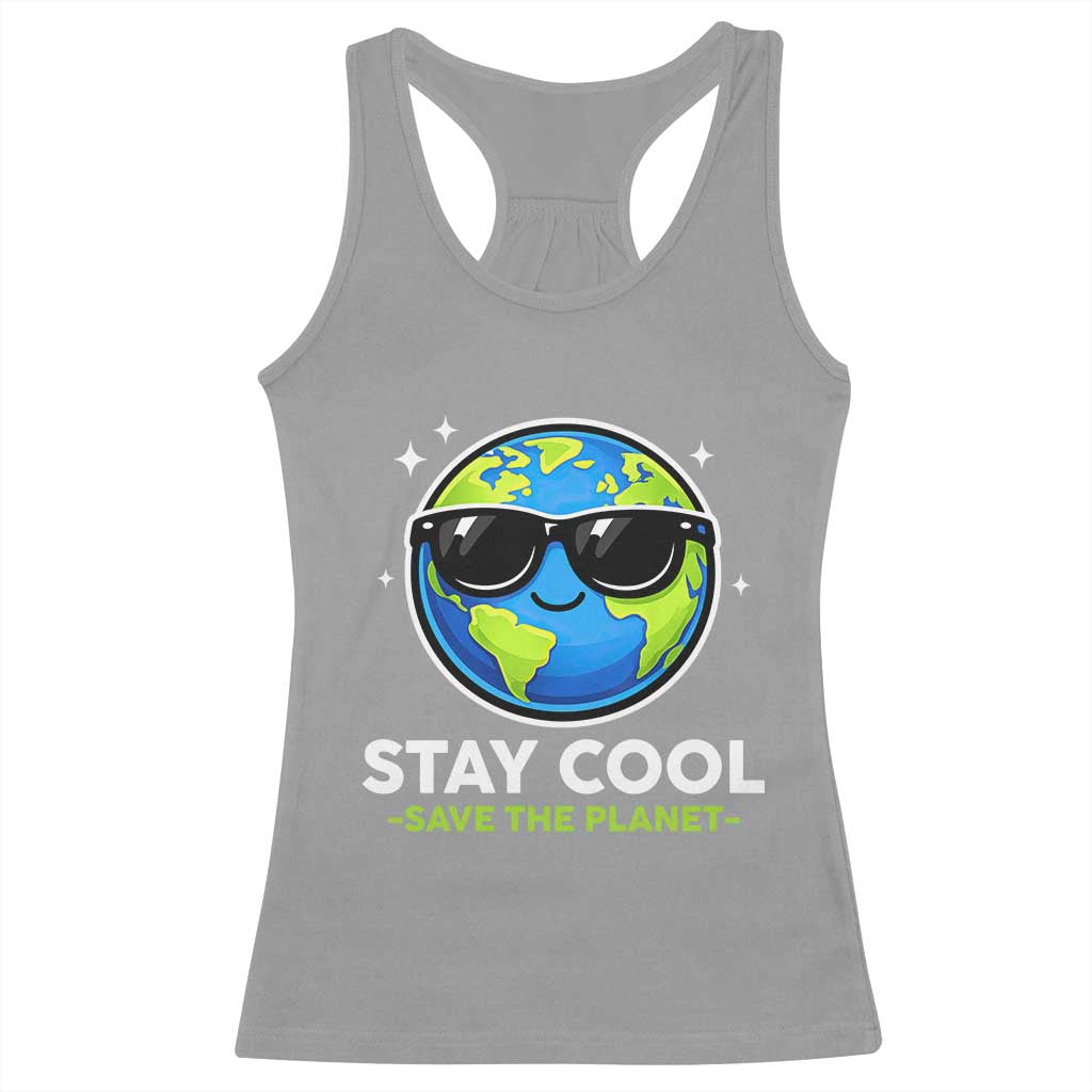 Stay Cool Save The Planet Eco-Friendly Earth Day Racerback Tank Top Cute Cartoon Globe with Sunglasses for Environmental Awareness