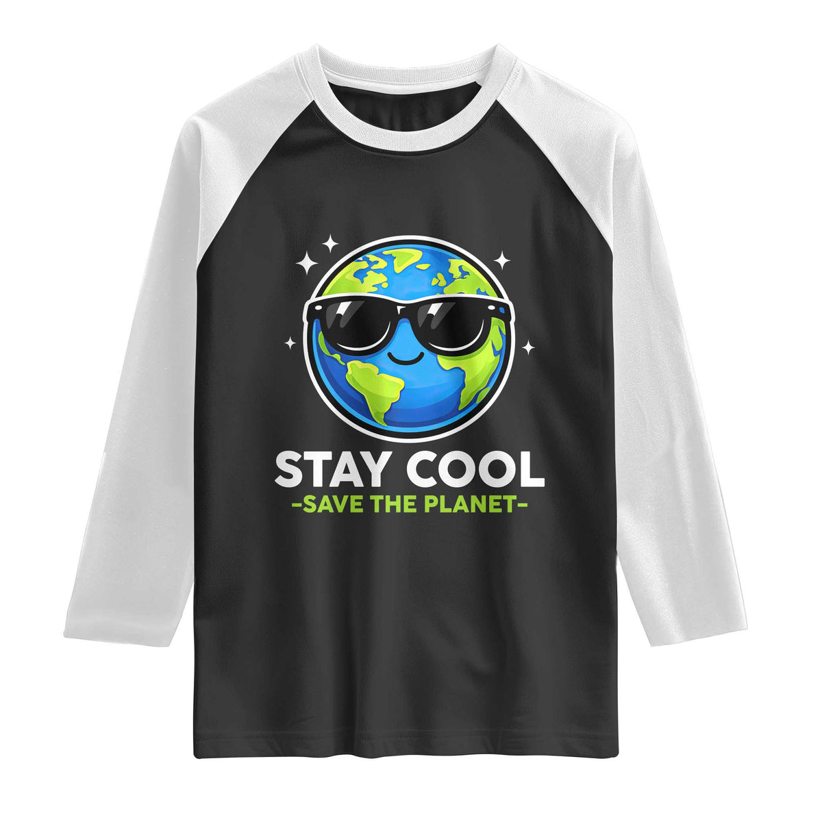 Stay Cool Save The Planet Eco-Friendly Earth Day Raglan Shirt Cute Cartoon Globe with Sunglasses for Environmental Awareness