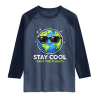 Stay Cool Save The Planet Eco-Friendly Earth Day Raglan Shirt Cute Cartoon Globe with Sunglasses for Environmental Awareness