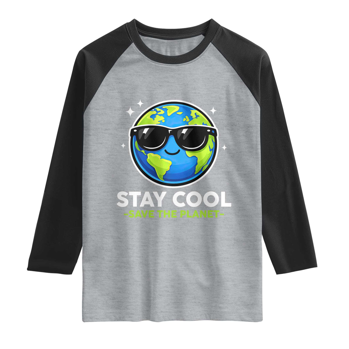 Stay Cool Save The Planet Eco-Friendly Earth Day Raglan Shirt Cute Cartoon Globe with Sunglasses for Environmental Awareness