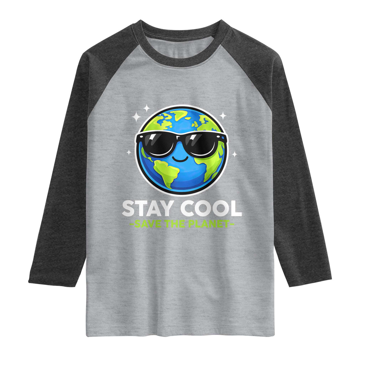 Stay Cool Save The Planet Eco-Friendly Earth Day Raglan Shirt Cute Cartoon Globe with Sunglasses for Environmental Awareness