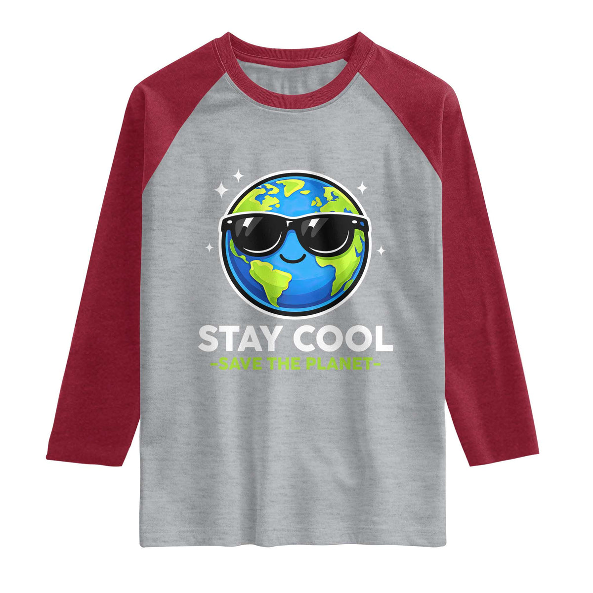 Stay Cool Save The Planet Eco-Friendly Earth Day Raglan Shirt Cute Cartoon Globe with Sunglasses for Environmental Awareness