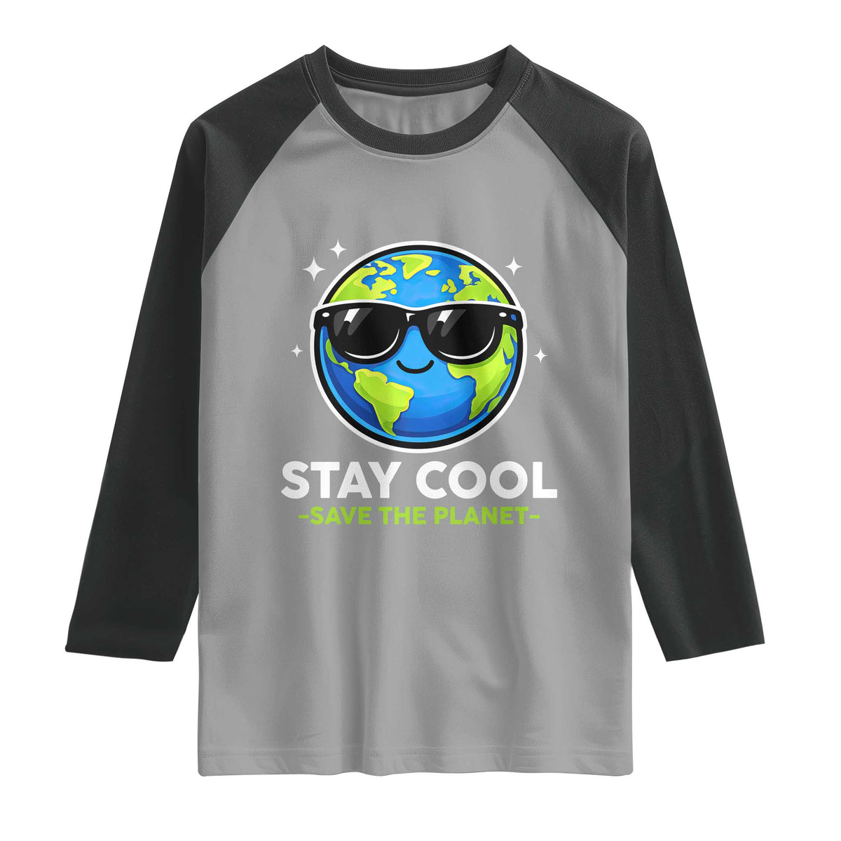 Stay Cool Save The Planet Eco-Friendly Earth Day Raglan Shirt Cute Cartoon Globe with Sunglasses for Environmental Awareness