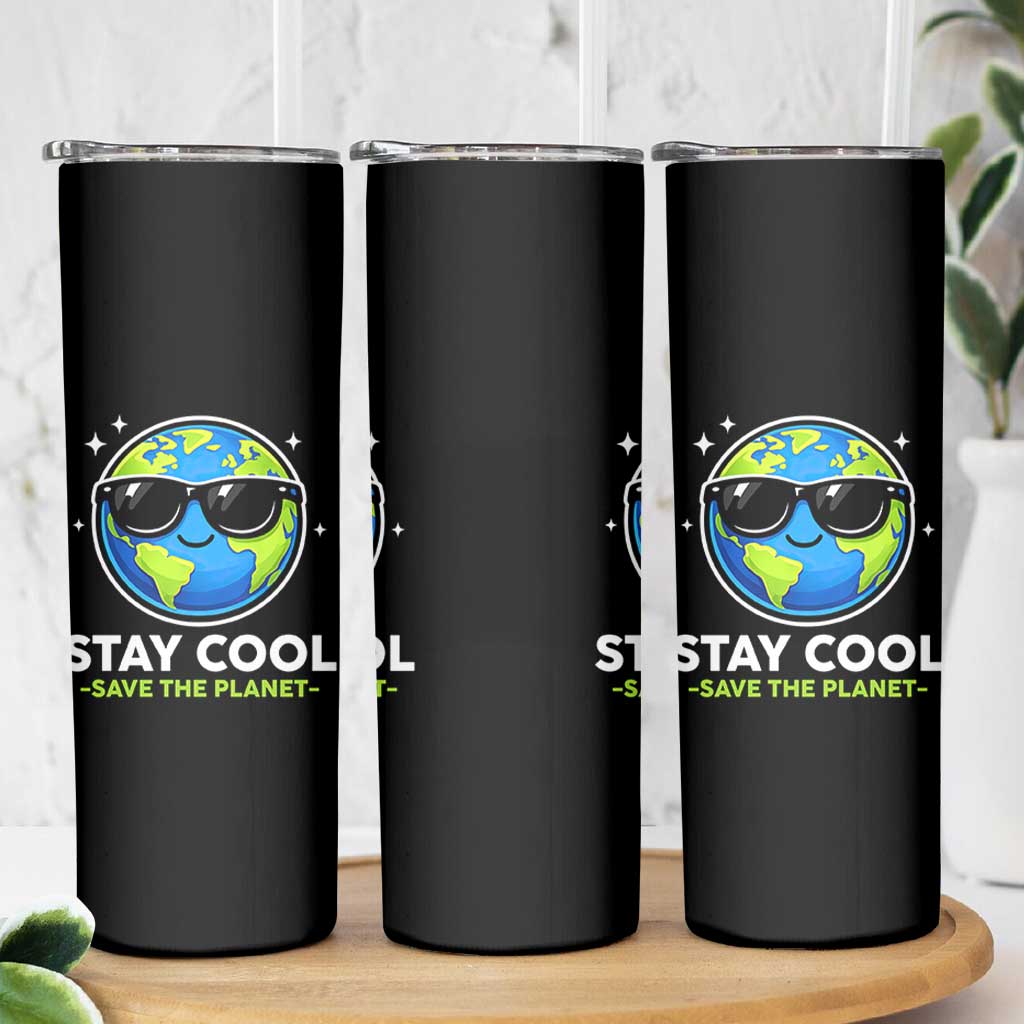 Stay Cool Save The Planet Eco-Friendly Earth Day Skinny Tumbler Cute Cartoon Globe with Sunglasses for Environmental Awareness
