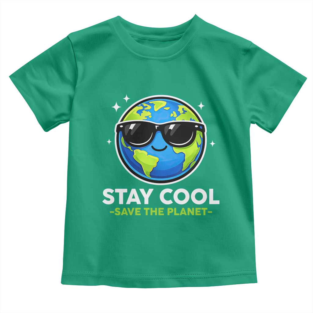 Stay Cool Save The Planet Eco-Friendly Earth Day Toddler T Shirt Cute Cartoon Globe with Sunglasses for Environmental Awareness
