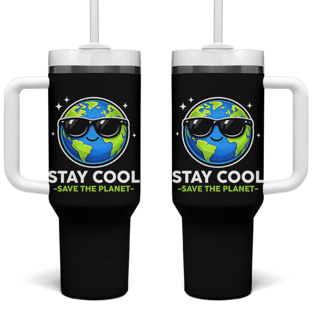 Stay Cool Save The Planet Eco-Friendly Earth Day Tumbler With Handle Cute Cartoon Globe with Sunglasses for Environmental Awareness