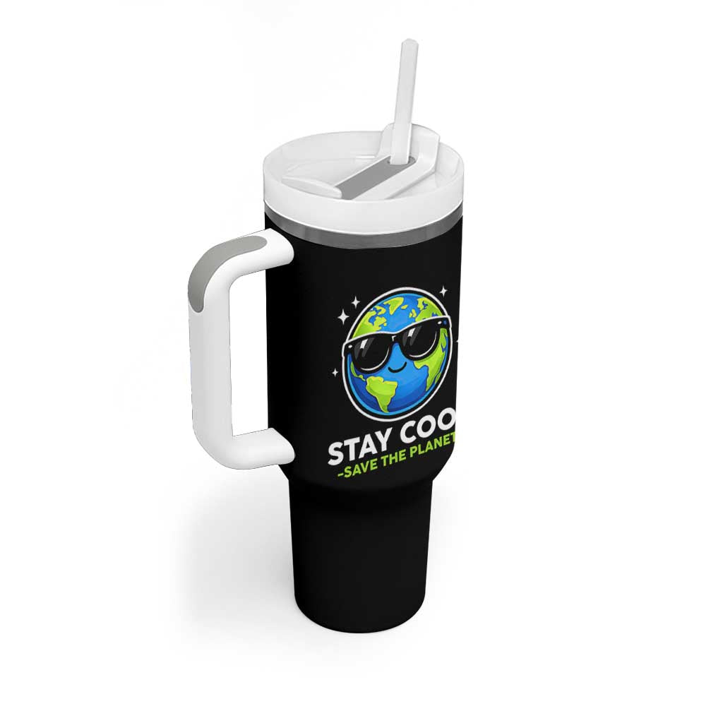 Stay Cool Save The Planet Eco-Friendly Earth Day Tumbler With Handle Cute Cartoon Globe with Sunglasses for Environmental Awareness