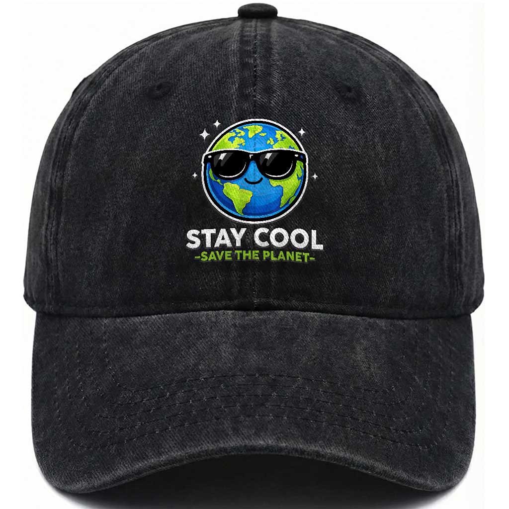 Stay Cool Save The Planet Eco-Friendly Earth Day Washed Cotton Baseball Cap Cute Cartoon Globe with Sunglasses for Environmental Awareness