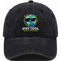 Stay Cool Save The Planet Eco-Friendly Earth Day Washed Cotton Baseball Cap Cute Cartoon Globe with Sunglasses for Environmental Awareness