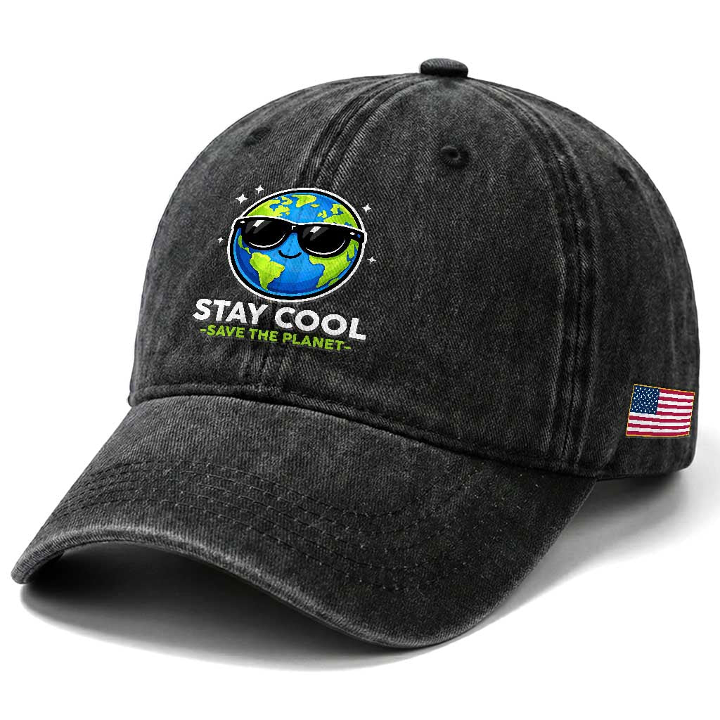 Stay Cool Save The Planet Eco-Friendly Earth Day Washed Cotton Baseball Cap Cute Cartoon Globe with Sunglasses for Environmental Awareness