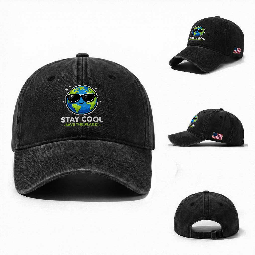 Stay Cool Save The Planet Eco-Friendly Earth Day Washed Cotton Baseball Cap Cute Cartoon Globe with Sunglasses for Environmental Awareness