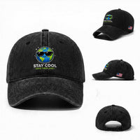 Stay Cool Save The Planet Eco-Friendly Earth Day Washed Cotton Baseball Cap Cute Cartoon Globe with Sunglasses for Environmental Awareness