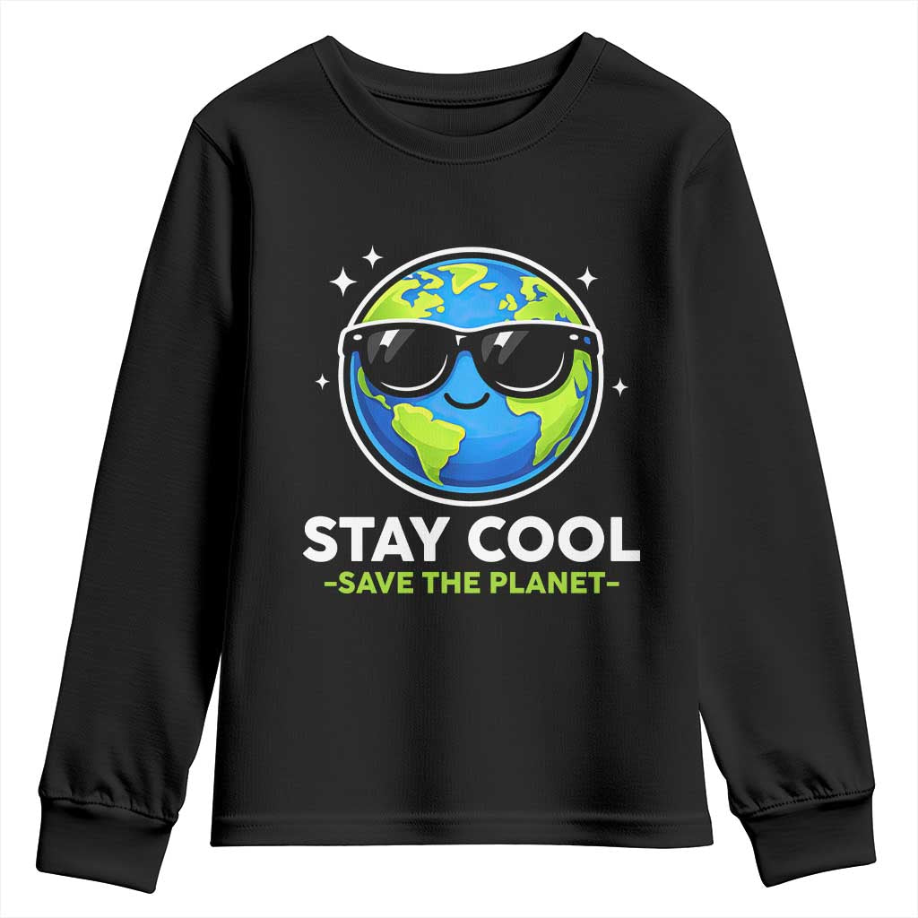 Stay Cool Save The Planet Eco-Friendly Earth Day Youth Sweatshirt Cute Cartoon Globe with Sunglasses for Environmental Awareness