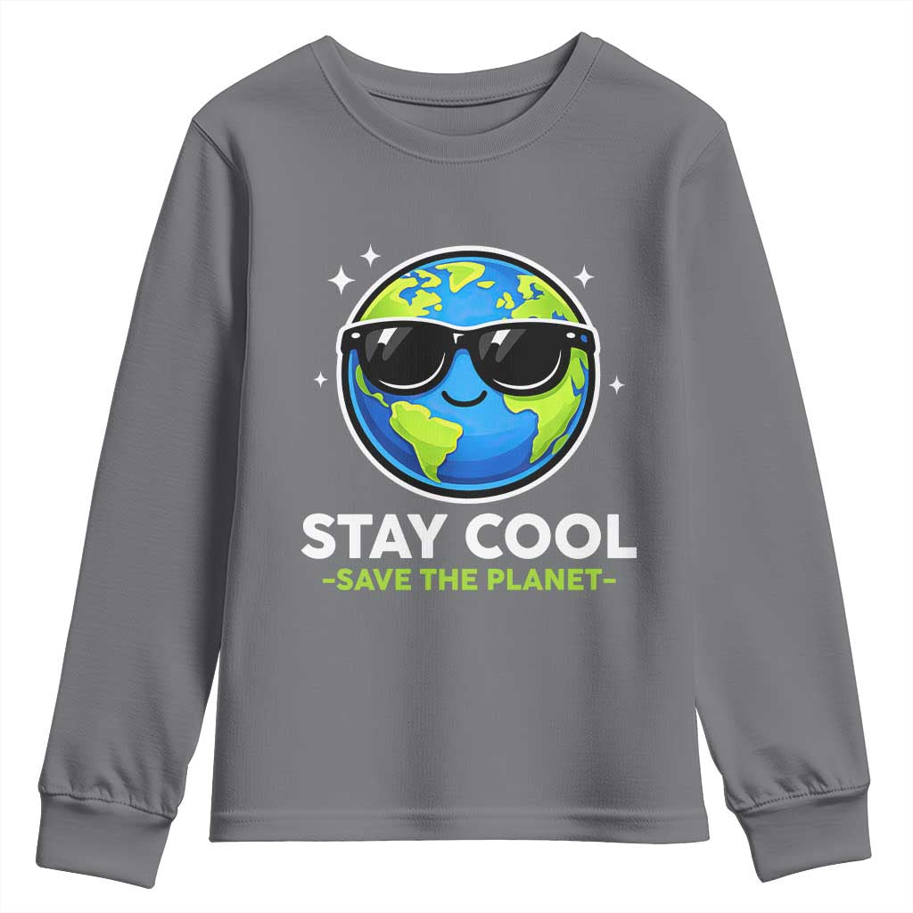 Stay Cool Save The Planet Eco-Friendly Earth Day Youth Sweatshirt Cute Cartoon Globe with Sunglasses for Environmental Awareness