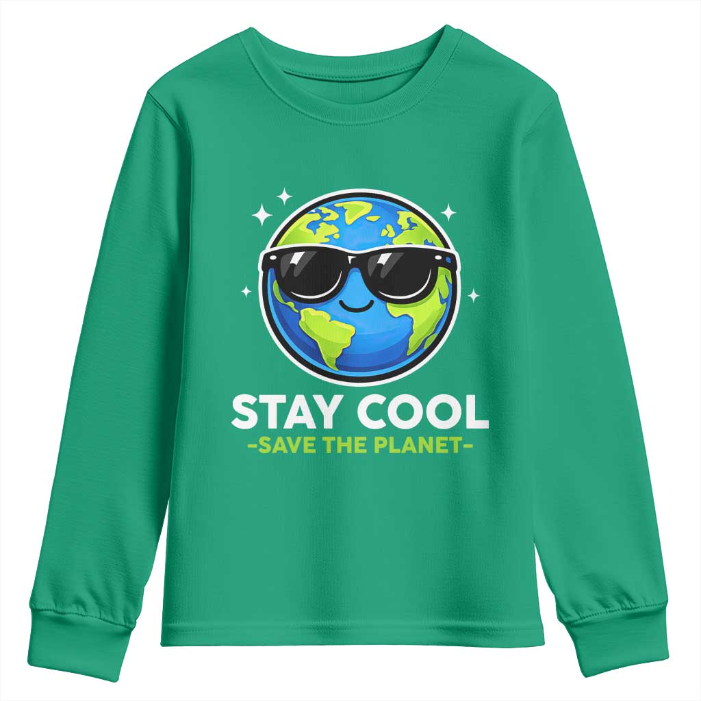 Stay Cool Save The Planet Eco-Friendly Earth Day Youth Sweatshirt Cute Cartoon Globe with Sunglasses for Environmental Awareness
