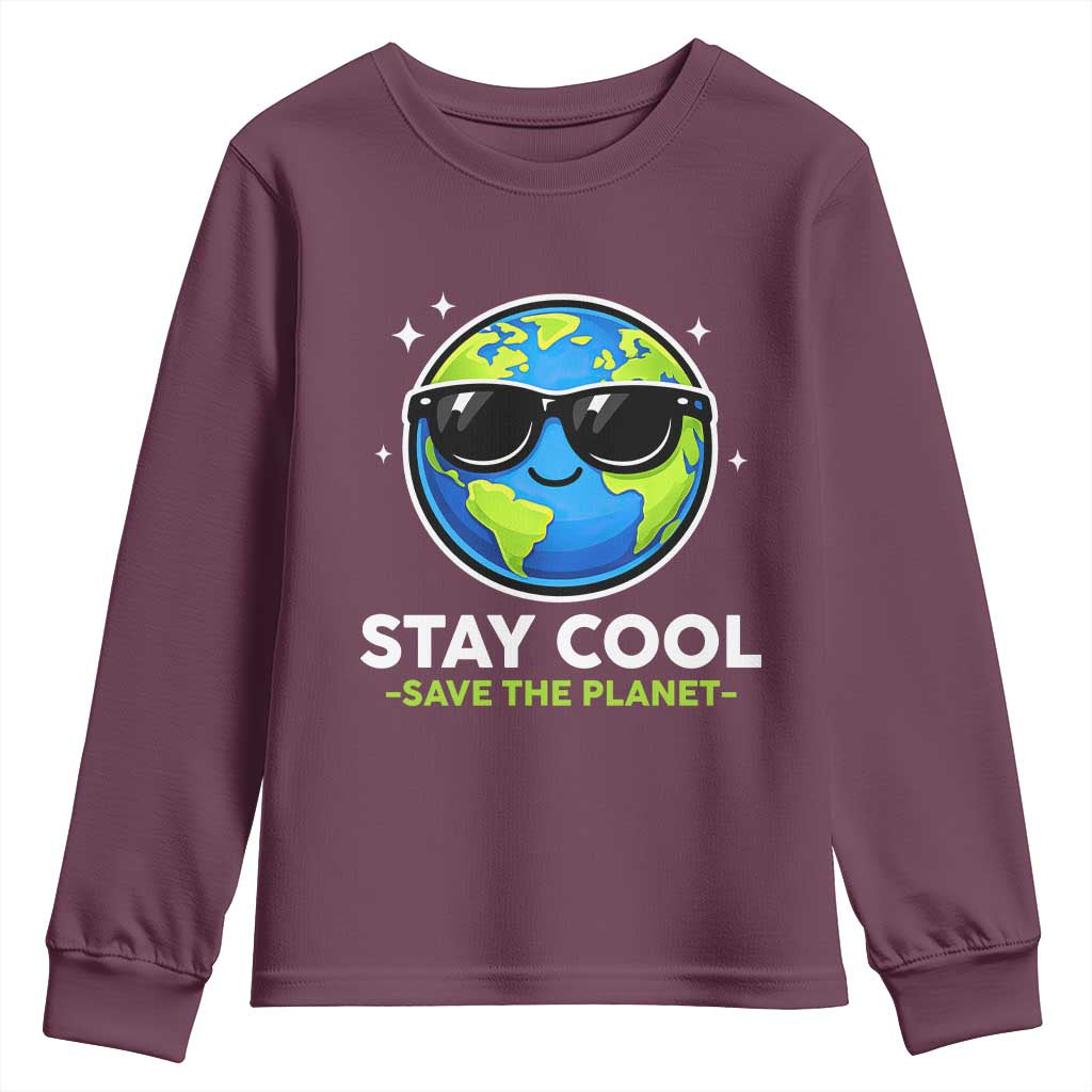 Stay Cool Save The Planet Eco-Friendly Earth Day Youth Sweatshirt Cute Cartoon Globe with Sunglasses for Environmental Awareness