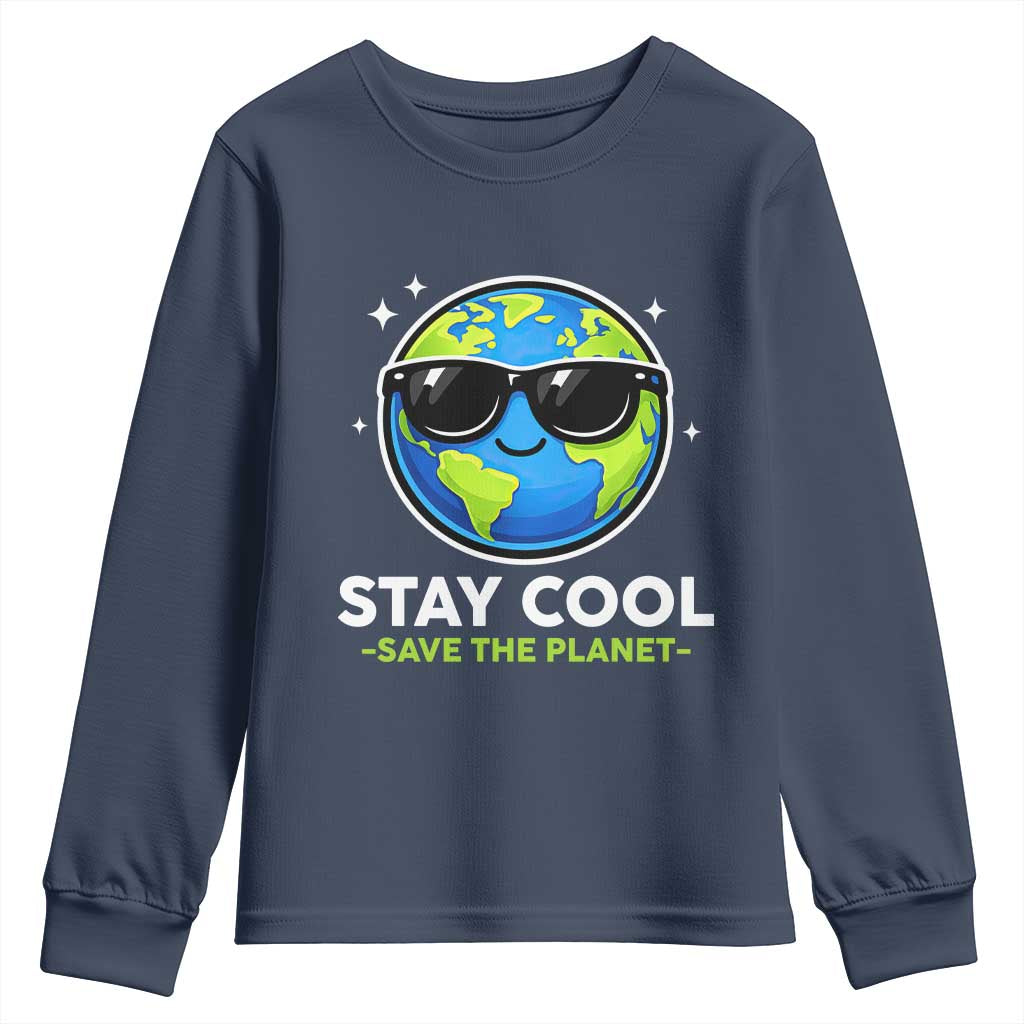 Stay Cool Save The Planet Eco-Friendly Earth Day Youth Sweatshirt Cute Cartoon Globe with Sunglasses for Environmental Awareness