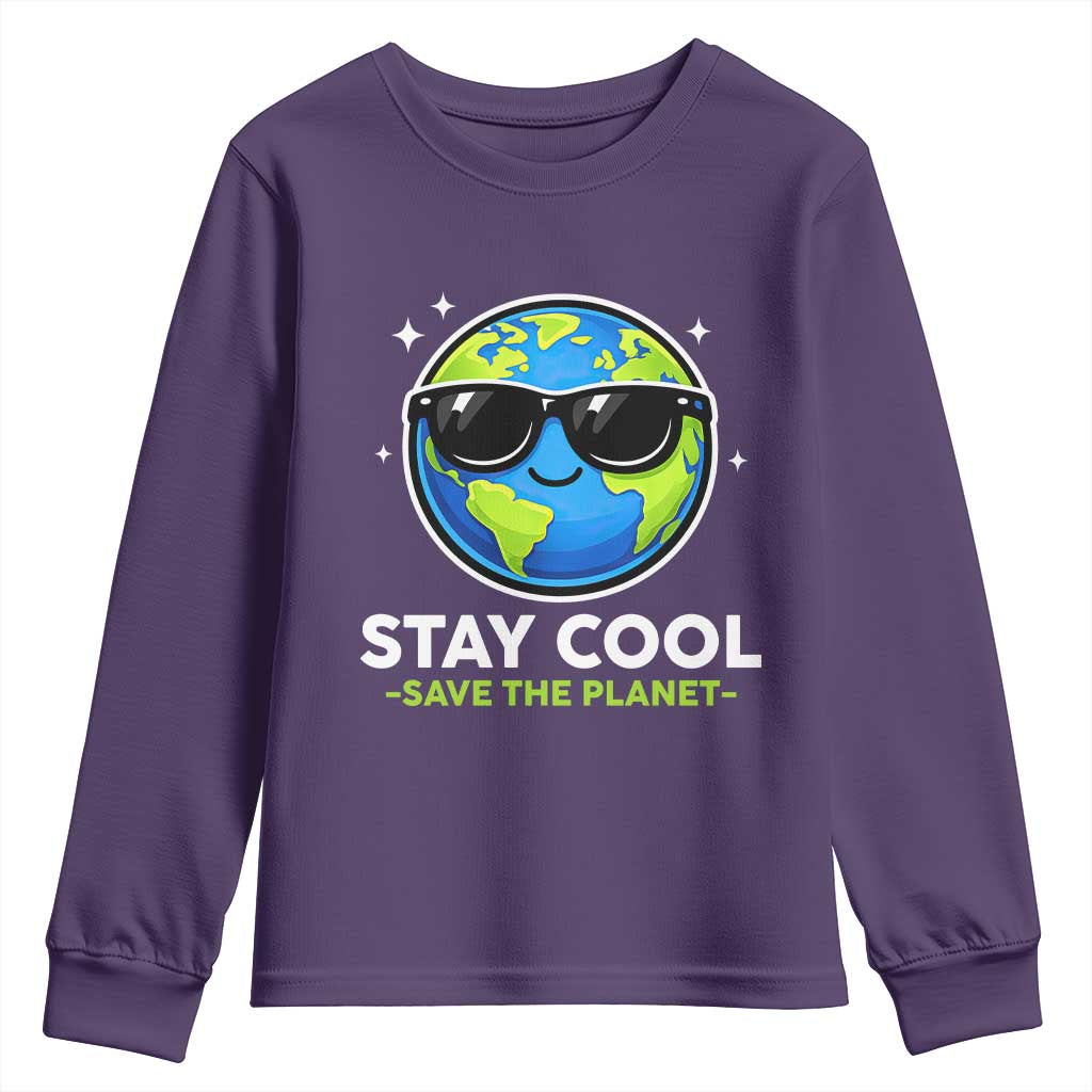 Stay Cool Save The Planet Eco-Friendly Earth Day Youth Sweatshirt Cute Cartoon Globe with Sunglasses for Environmental Awareness