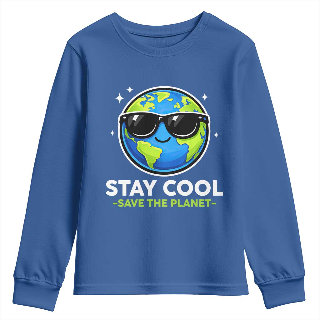 Stay Cool Save The Planet Eco-Friendly Earth Day Youth Sweatshirt Cute Cartoon Globe with Sunglasses for Environmental Awareness