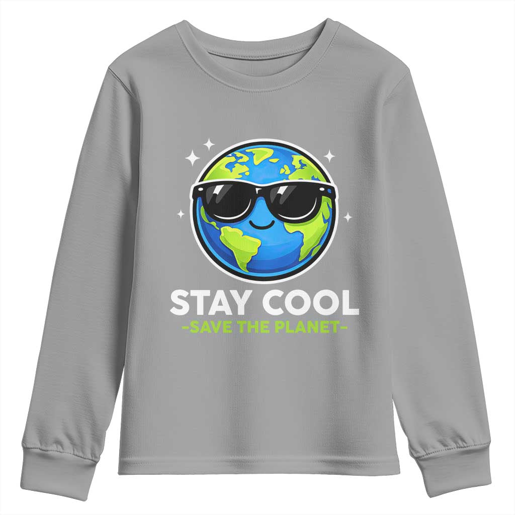Stay Cool Save The Planet Eco-Friendly Earth Day Youth Sweatshirt Cute Cartoon Globe with Sunglasses for Environmental Awareness