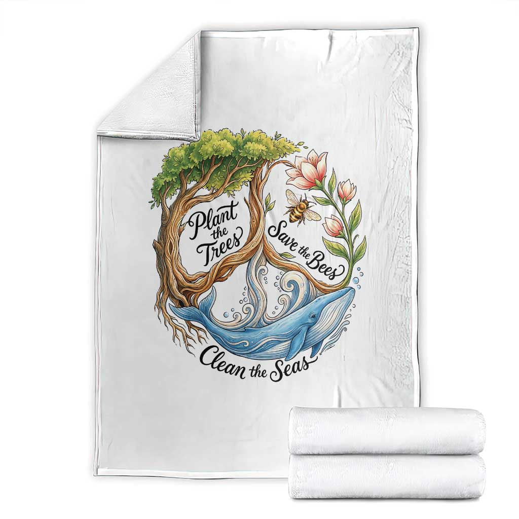 Plant The Trees Save The Bees Clean The Seas Throw Blanket Vintage Peace Sign Aesthetic Nature Lover Ocean Conservation