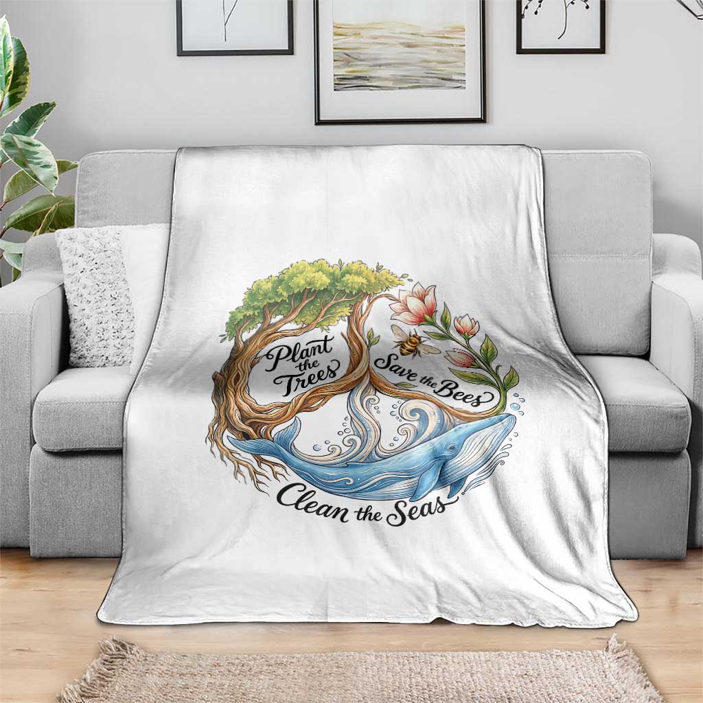 Plant The Trees Save The Bees Clean The Seas Throw Blanket Vintage Peace Sign Aesthetic Nature Lover Ocean Conservation