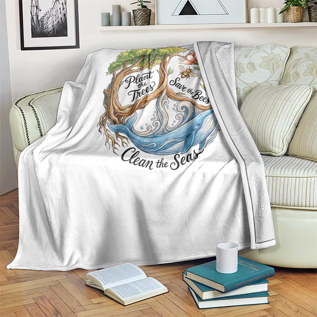 Plant The Trees Save The Bees Clean The Seas Throw Blanket Vintage Peace Sign Aesthetic Nature Lover Ocean Conservation