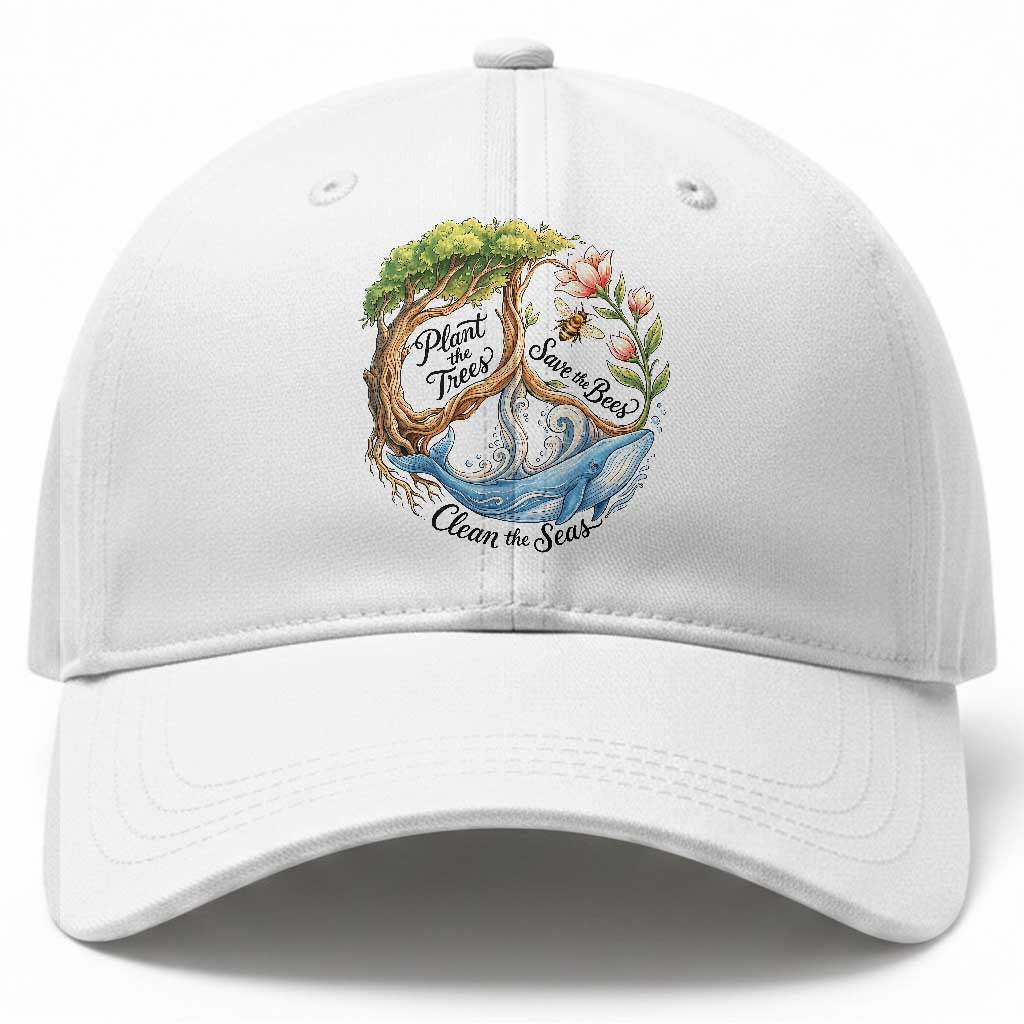 Plant The Trees Save The Bees Clean The Seas Baseball Cap Vintage Peace Sign Aesthetic Nature Lover Ocean Conservation