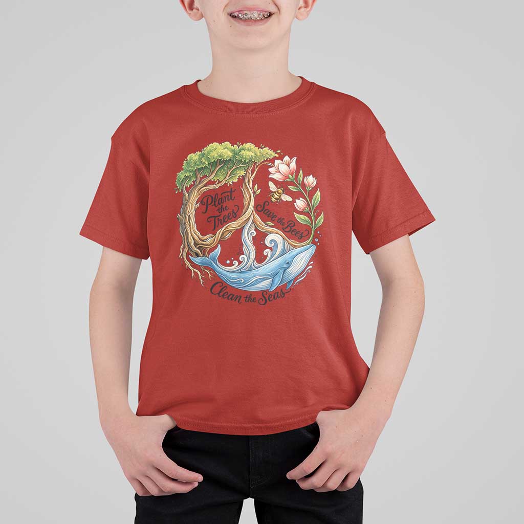 Plant The Trees Save The Bees Clean The Seas T Shirt For Kid Vintage Peace Sign Aesthetic Nature Lover Ocean Conservation