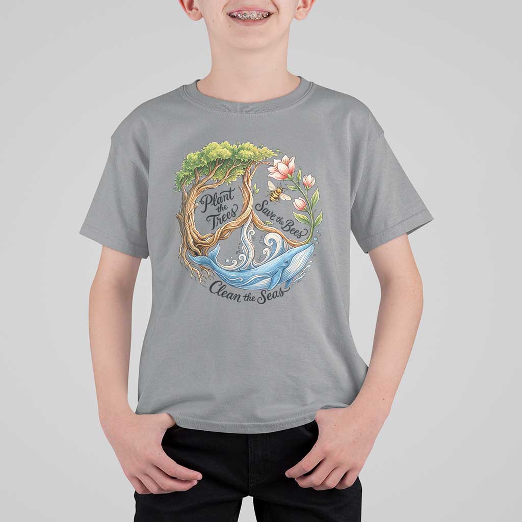 Plant The Trees Save The Bees Clean The Seas T Shirt For Kid Vintage Peace Sign Aesthetic Nature Lover Ocean Conservation