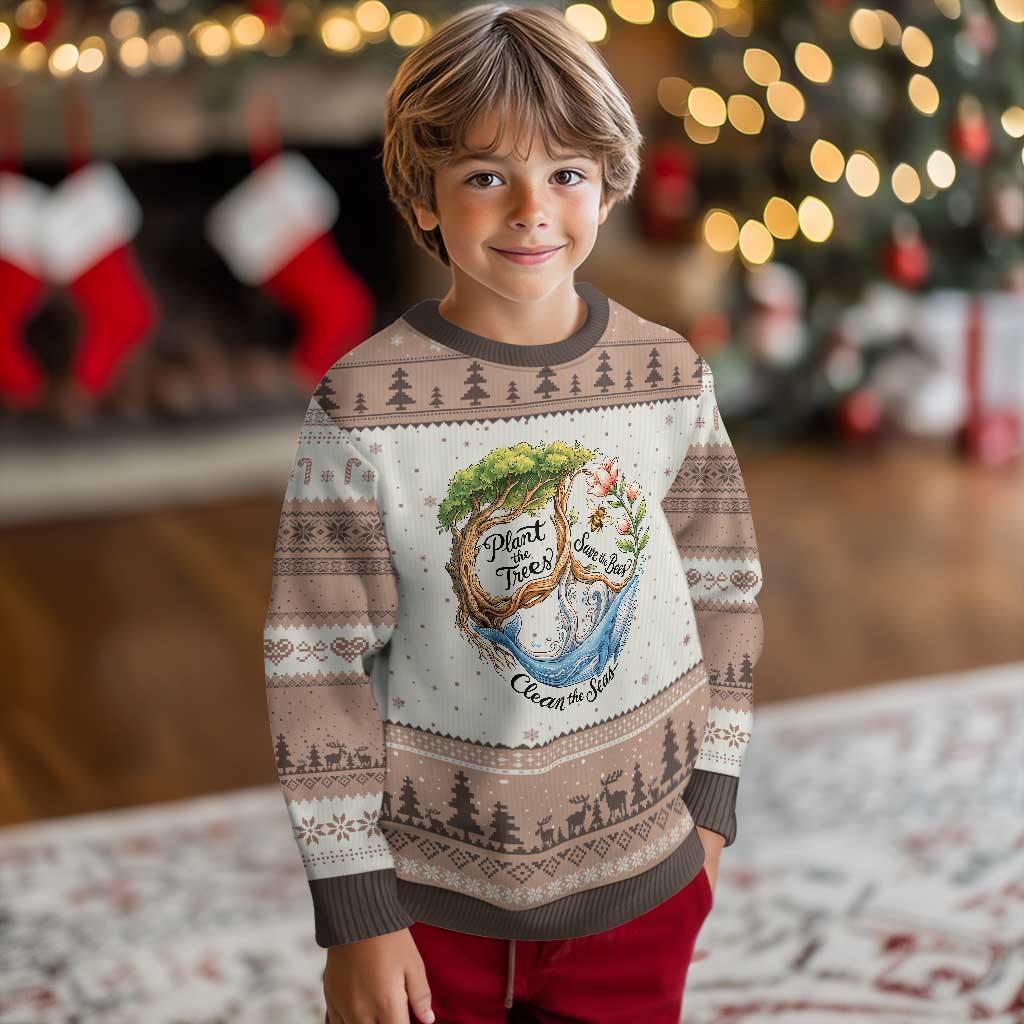 Plant The Trees Save The Bees Clean The Seas Ugly Christmas Sweater Vintage Peace Sign Aesthetic Nature Lover Ocean Conservation