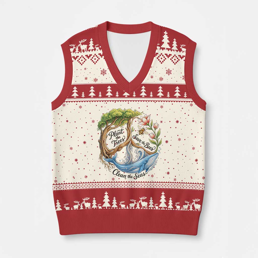 Plant The Trees Save The Bees Clean The Seas V-Neck Knit Sweater Vest Vintage Peace Sign Aesthetic Nature Lover Ocean Conservation