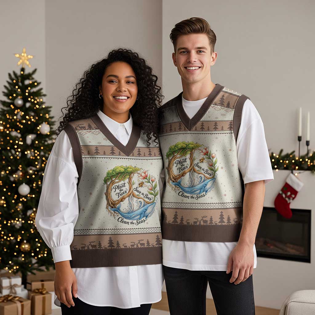 Plant The Trees Save The Bees Clean The Seas V-Neck Knit Sweater Vest Vintage Peace Sign Aesthetic Nature Lover Ocean Conservation