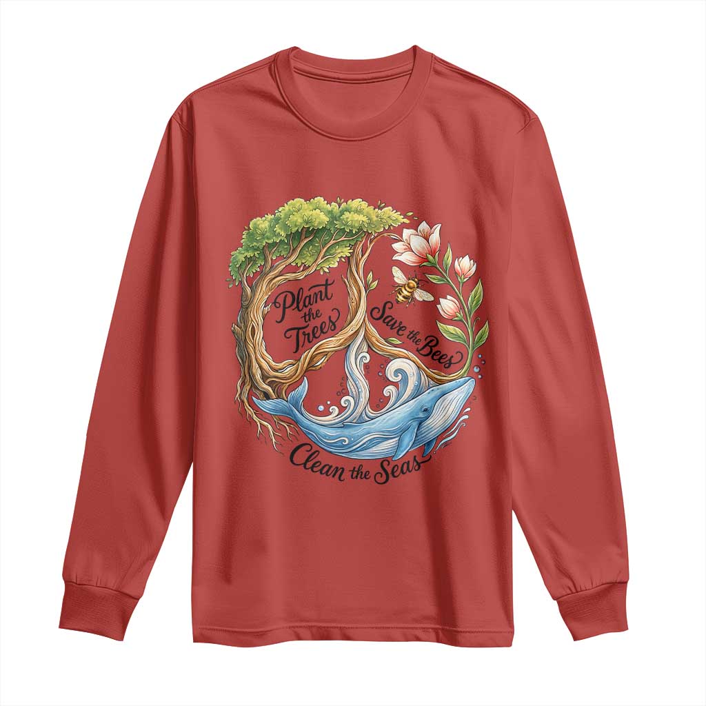 Plant The Trees Save The Bees Clean The Seas Long Sleeve Shirt Vintage Peace Sign Aesthetic Nature Lover Ocean Conservation