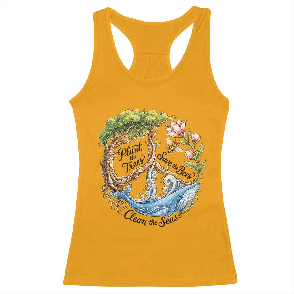 Plant The Trees Save The Bees Clean The Seas Racerback Tank Top Vintage Peace Sign Aesthetic Nature Lover Ocean Conservation
