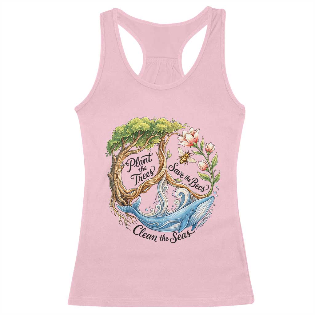 Plant The Trees Save The Bees Clean The Seas Racerback Tank Top Vintage Peace Sign Aesthetic Nature Lover Ocean Conservation