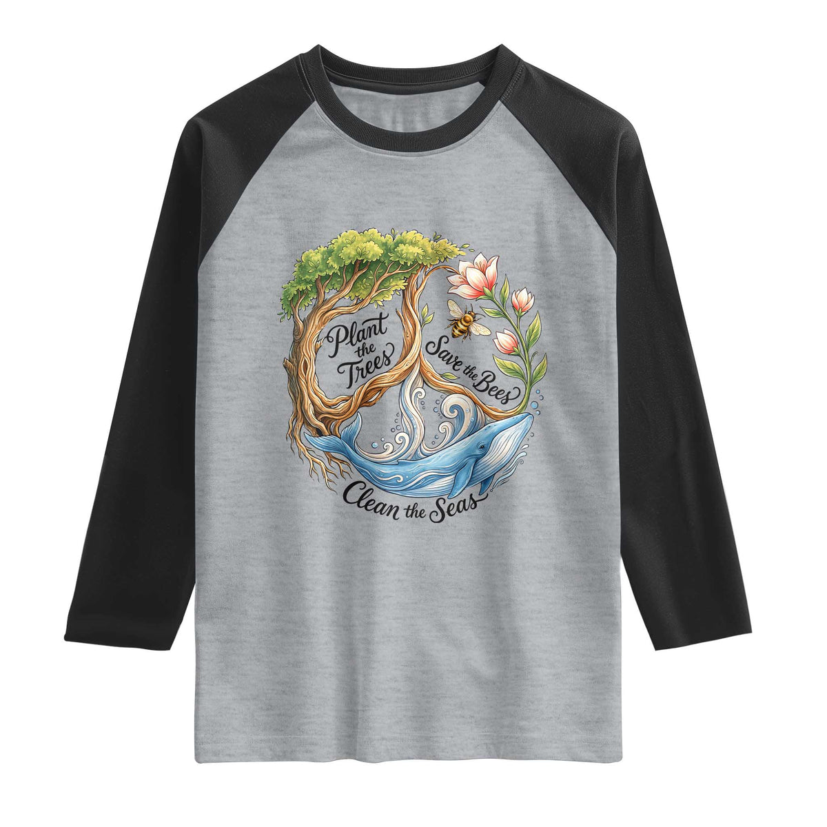 Plant The Trees Save The Bees Clean The Seas Raglan Shirt Vintage Peace Sign Aesthetic Nature Lover Ocean Conservation
