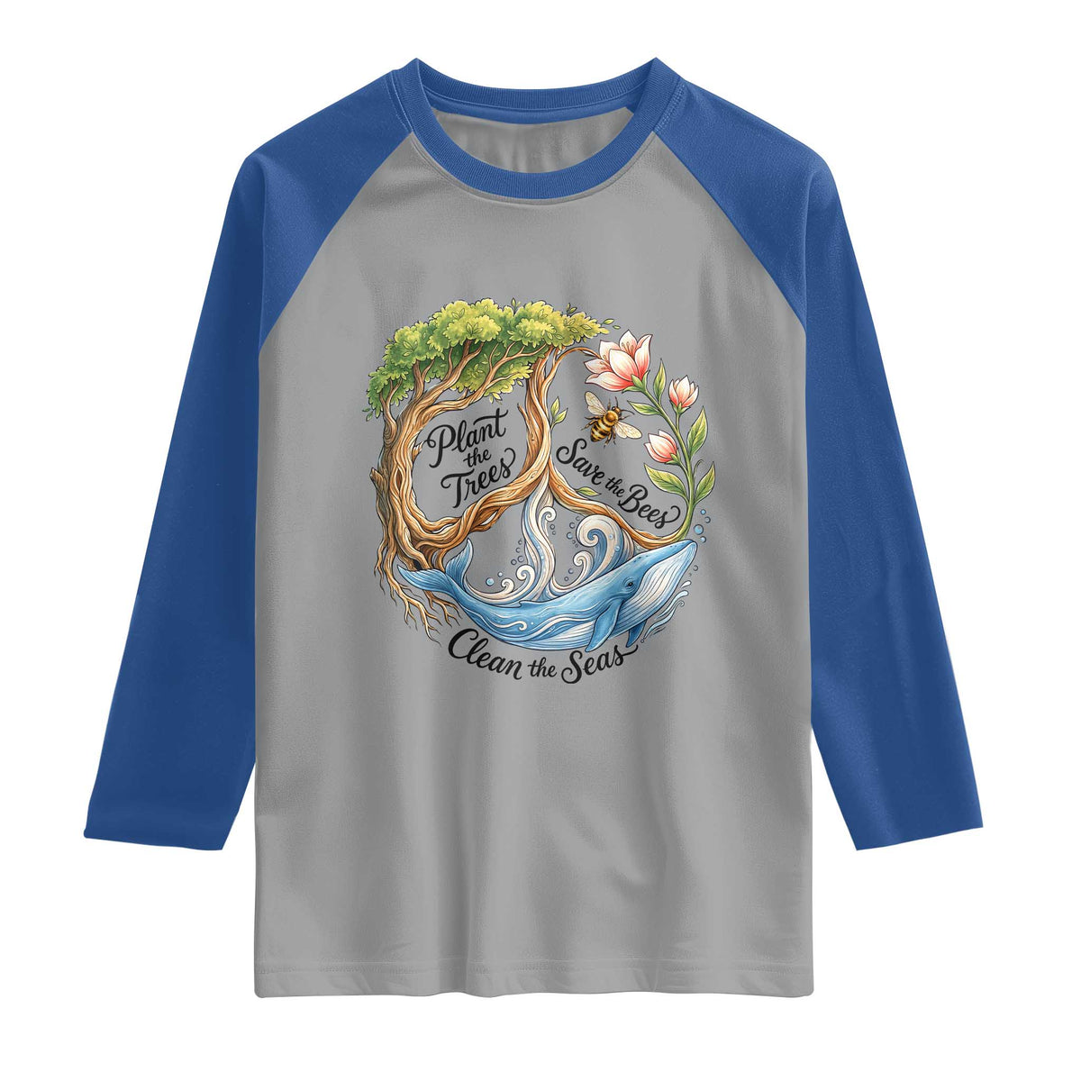 Plant The Trees Save The Bees Clean The Seas Raglan Shirt Vintage Peace Sign Aesthetic Nature Lover Ocean Conservation